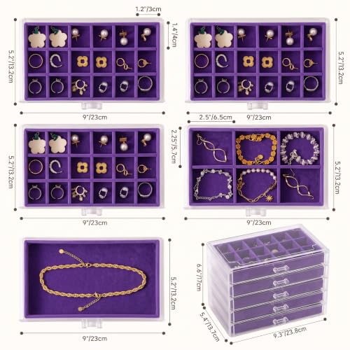 Frebeauty Acrylic Jewelry Box for Earrings,Jewelry Organizer with 5 Drawers - color: Purple