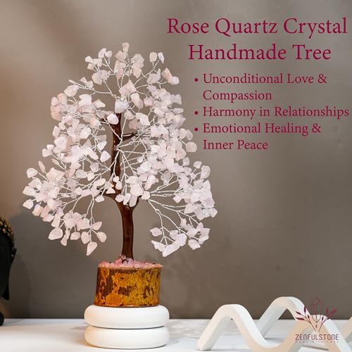 ZENFULSTONE Rose Quartz Crystal Tree of Life for Love & Healing Décor for Home and Office | Handmade Bonsai for Emotional Support & Harmony as Symbol of Piece for Loved Ones - color: Rose Quartz Silver Wire