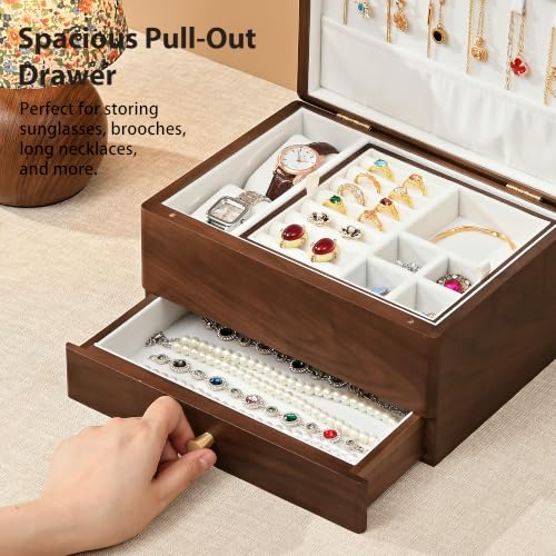 Black Walnut Wooden Jewelry Box for Women, 3 Layer Organizer with Drawer - color: 3 Layer