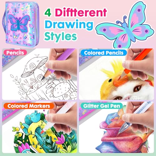 YOYTOO Washable Markers Set with Glitter Pencil Case, Art Supplies for Kids Ages 4-6-8, Arts Crafts Travel Coloring Kit for Girls 4 5 6 7 8 Year Old Birthday Gifts - color: Butterfly