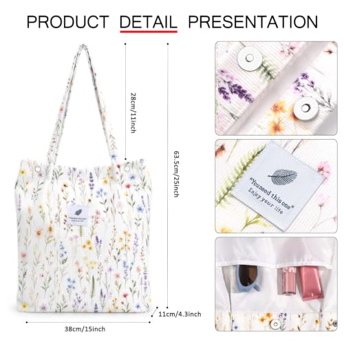 Ayieyill Corduroy Tote Bag for Women Canvas Shoulder Cord Purse with Inner Pocket - color: Cottagecore
