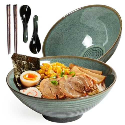 40 oz Ceramic Ramen Bowl Set of 2, Ramen Noodle Bowl with Spoons and Chopsticks 8 Inch Japanese Retro Style Large Soup, Pho, Udon Bowls, Microwave & Dishwasher Safe, Green - color: Green