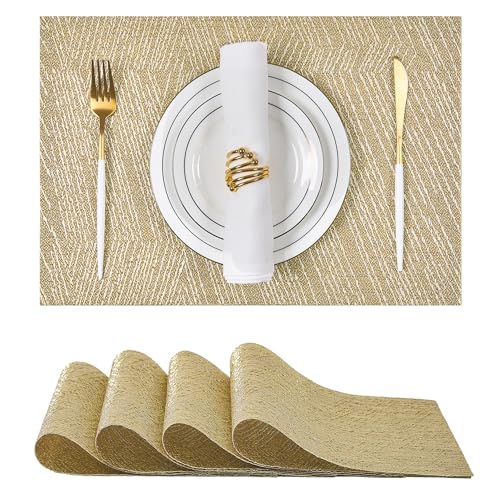 Leetaltree Gold Placemats Set of 4 - Heat Resistant Non-Slip Place mats for Dining Table, Washable Durable PVC Vinyl Woven Table Mats(Luxury Gold, 4) - color: D0- Gold Textured, size: Set of 4