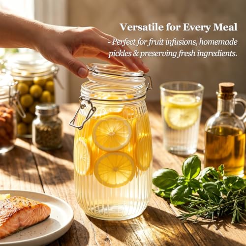 ComSaf Large Ribbed Glass Jars with Airtight Lids 51 oz 3 Pack Wide Mouth - size: 51 fl oz x 3 - Ribbed