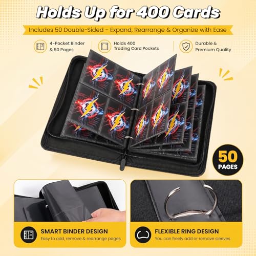 4 Pocket Card Binder, 400 Pockets Card Collection Book with 50 Removable Sleeves, 3-Ring PU Leather Trading Card Album for Game & Sports Cards - Portable Zipper Binder for Boys Kids - color: Yellow, red, blue