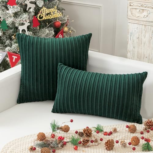 Kevin Textile Striped Corduroy 16”x16” Pillow Covers 2 Pack, Dark Green - color: Dark Green, size: 16" x 16" (Pack of 2)