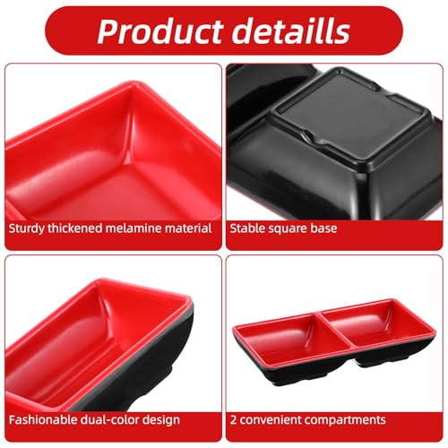 14 Pcs Dual Compartment Sauce Bowls & Soy Dish Set with Dipping Dish Tray, Divided Dipping Sauce-Plates for Sushi, Appetizers (Black/Red, Melamine Resin)