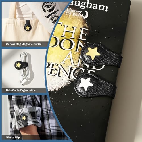 Ovesmusl 2Pcs PU Leather Star Magnetic Bookmarks with Pen Holder - style: Star (Black+Black)
