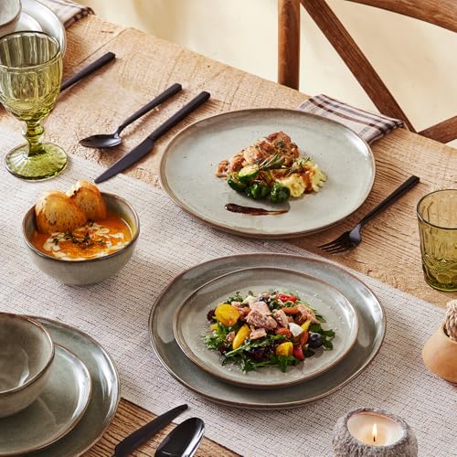 Stoneware Dinnerware Sets for 8, Reactive Glaze Plates and Bowls, Grey - color: Gray, size: Service for 8-24Pcs