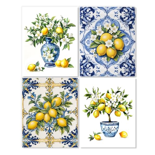 LUKIPOM Chinoiserie Lemon Summer Wall Art Posters Set of 4 Unframed - color: Color 015
