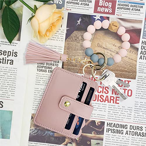 Keychain Wallet Wristlet Small Credit Card Holder Bracelet Key Chain Purse Bangle Tassel Beads Key Rings for Women - color: 01-pink
