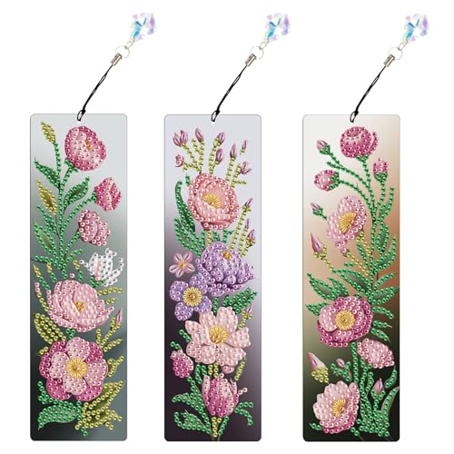 Tontut 3pcs Diamond Art Painting Kit Bookmarks, Pink Flower Exquisite Universal DIY Bookmarks, Lightweight and Durable, Suitable for Reading Lovers - color: Flower