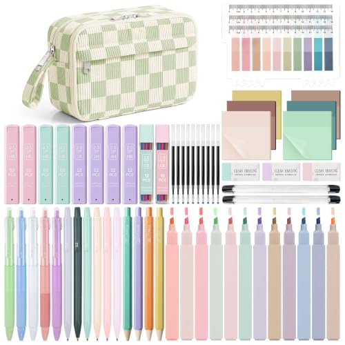 WOBAGMEN 62PCS Aesthetic Stationery Set with Corduroy Pencil Case, Pastel Highlighters Gel Pens Mechanical Pencils, Cute College Daily Essentials Set（Green Gingham） - color: Green Gingham