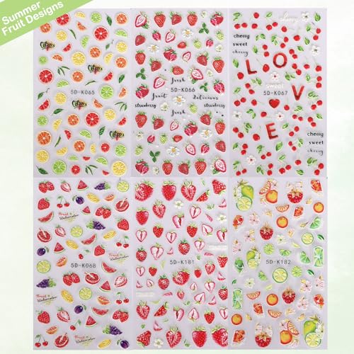 5D Embossed Fruit Nail Art Stickers 6PCS Self-Adhesive Nail Decals Orange Lemon Strawberry Cherry Watermelon Leaves Flowers Design Summer DIY Manicure Decorations Nail Accessories for Women - style: 5D Fruit Styles