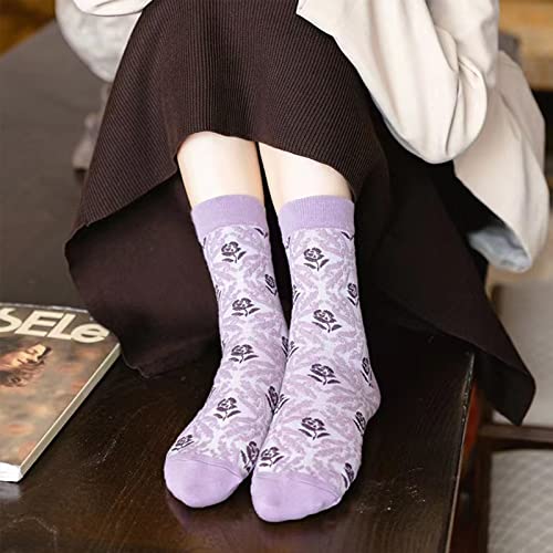 DXYAKY 5 Pairs Womens Floral Cotton Socks Vintage Patterned Crew Socks Novelty Ankle Ruffled Warm Casual Dress Socks - color: 5 Pairs - Purple