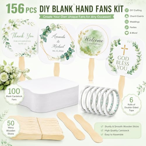 156 PCS DIY Blank Hand Fans Kit, 100 Cardstock Paper Fans with 50 Wavy Wooden Handles & 6 Rolls of Double-Sided Tape for Church, Wedding, Party, Custom Decoration & Craft Projects