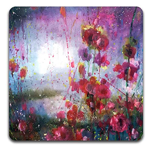 Watercolor Red Flowers Square Coaster Set-Made of Recycled Rubber-Set of 4 - color: Watercolor Red Flowers