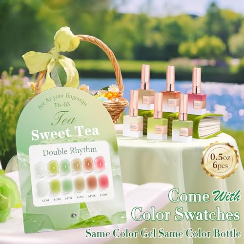 Double Rhythm 6 Pcs 15 ML Gel Polish Set Same Color Same Bottle Soak Off Gel Polish Kit Nail Art Manicure Salon DIY at Home (Jelly White Mint Green Olive Tea Brown Rose Red-T6-83) - color: Jelly Garden