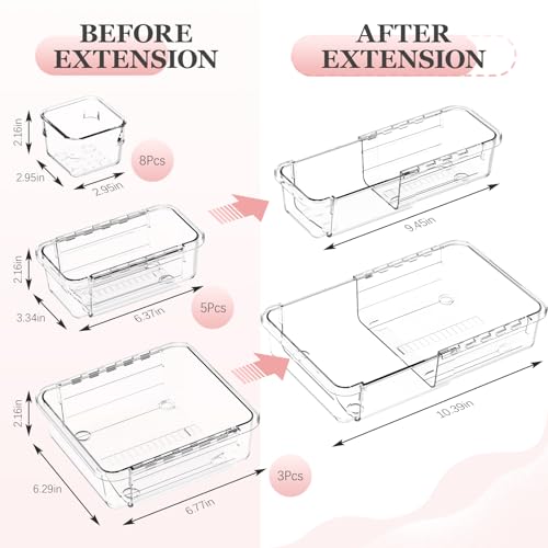 DILIBRA 16 Pcs Clear Extendable Drawer Organizer, Adjustable Drawer Storage - size: 3Pcs Large + 5Pcs Medium + 8Pcs Small