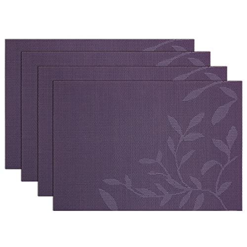 SHACOS Woven Vinyl Placemats Set of 4 Purple Leaf Pattern Place Mats Wipe Clean Durable PVC Heat Resistant Table Mats (4, Leaf Purple) - color: Leaf Purple, size: Set of 4