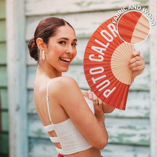 Fisura – Original folding fan with message “P*to calor”. Red handheld folfing fan for women. Rave wood folding hand fan. Fans for wedding, party, birthday, gift, decorations. - color: P*to Calor, Red