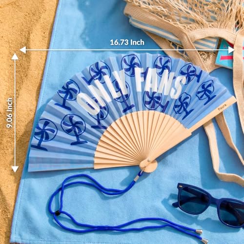 Fisura – Original Folding Fan with “Only F*ns” Message. Colorful Wooden Folding Fan in Blue with Fan Print and Strap Included. Fun Gift idea for Travel Beach Days or Summer Events. 16.7 x 9 in. - color: Only F*ns, Blue