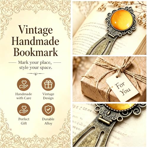 1Pcs Vintage Yellow Jade Bookmark with Natural Crystal Stone - Fantasy Metal Yellow Jade Bookmark for Reading Women, Men, Book Lovers, Girls and Teachers Bookmarks - color: Yellow Jade
