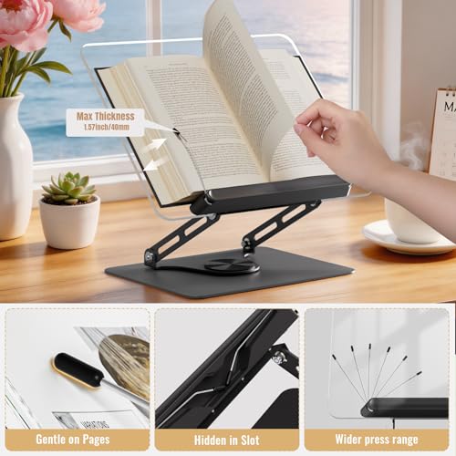 HAUTOCO Adjustable Acrylic Book Stand for Reading, 360° Rotating Base, Foldable Desktop Book Holder with Elastic Page Clips, Hands-Free Cookbook Stand for Laptop, Tablet, Recipe, Textbook, Music Score - color: Black