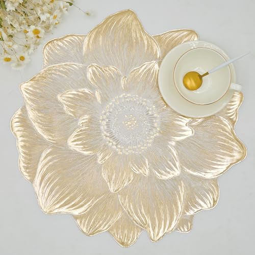 Gold Placemats Set of 6, Creative 3D Flower Placemats Waterproof Oil-Proof - color: Gold Flower