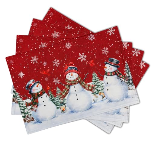 Giwawa Christmas Snowman Placemats Set of 4, 12x18in Xmas Green Trees Red Birds Linen Place Mat, Winter Snowflakes Heat Resistant Washable Table Mats for Kitchen Dining Seasonal New Year Decor - color: Christmas Snowman