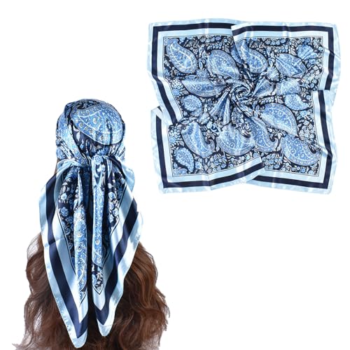 35 Inches Silk Head Scarf-Satin Hair Scarves Silk Bandana Scarf Headscarf for Women's Fashion Scarves - color: Blue-large Cashews