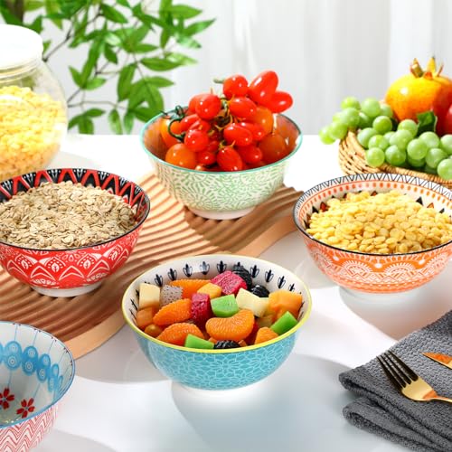 FillTouch 6 Pack 24 oz Ceramic Bowl Set Ceramic Dessert Bowls for Kitchen Serving Dishes Soup Salad Pasta Ramen Cereal Rice Colorful Design Microwave and Dishwasher Safe, 6.25''