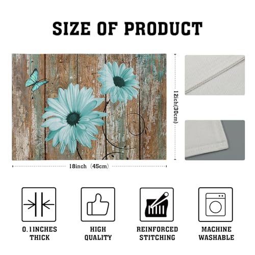 Giwawa Rustic Daisy Placemats Set of 4- Teal Sunflowers on Vintage Wood Board Linen Place Mat- Farmhouse Wooden Non Slip Heat Resistant Table Mats for Dining Kitchen Cabin Lodge Decor - color: Daisy Teal