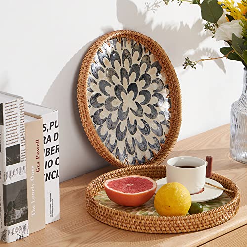 Round Rattan Tray with Mother of Pearl Inlay, Rattan Serving Tray with Wooden Base, Decorative Wicker Basket for Table Decor, Storage and Display of Coffee Bread Food Fruit (Plume) - color: Plume, size: 11.8"