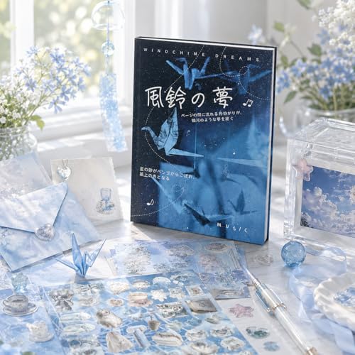 30 Sheets Japanese Aesthetic Sticker Book with Hard Matte Cover, Dreamcore Ocean Theme- Seashells Starfish Seahorses Water Patterns for Journaling, Scrapbooking, Planners, Vision Boards - color: Wind Chime