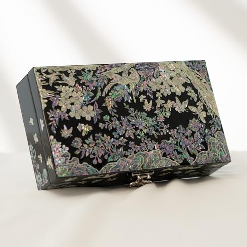 February Mountain Mother of Pearl Jewelry Organizer box - Handmade Large Wooden Box Romantic Anniversary Birthday Gifts for women (Butterflies and birds in the forest) - style: Butterflies and birds in the forest