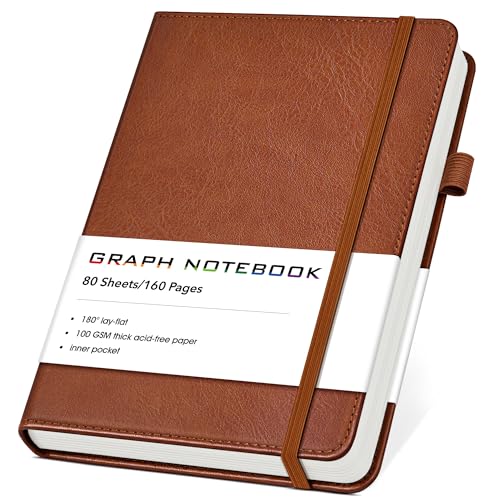 A5 Leather Hardcover Graph Paper Notebook, 160 Pages (5 Squares/Inch), 180° Lay-Flat Binding, 100 GSM Thick Paper, for Math, Engineering, Students & Technical Work (Brown) - color: Brown, size: Grid