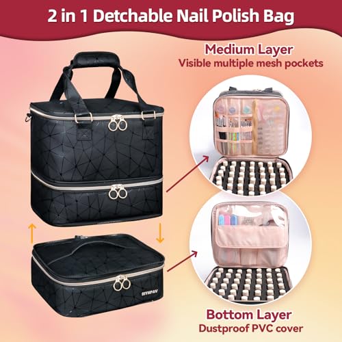 SIYNPAV Nail Polish Organizer Bag Holds 126 Bottles (15ml/0.5fl.oz)& Nail Lamp, 3 Layers Detachable Nail Kit Storage Case PU Leather, Large Travel Nail Supplies Shoulder Bag for Manicure Tools (Black)
