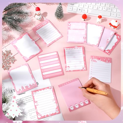 Chiisong 12 Pcs Christmas Sticky Notes Pink Christmas Notepad Santa Snowflake Snowman Self Adhesive Memo Pads Xmas Gift Cute Decorative Notepad Winter Party Favor for Office Winter Holiday Gift - style: Pink Christmas