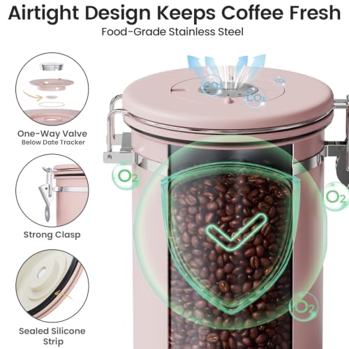 Veken Coffee Canister with Window, Airtight Stainless Steel Container, 22OZ - color: Pink, size: 22 oz
