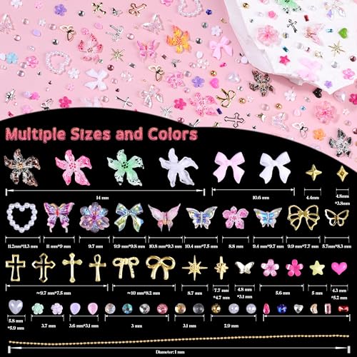 5 Boxes Gold & Silver Metal Nail 3D Punk Studs Flower Petals Heart Bows Star Pearls Rhinestones Nail Charms Nail Art Jewels with Tweezers and Nail Brush and Wax Pen Picker (10-multishapes charms) - color: 10-multishapes charms