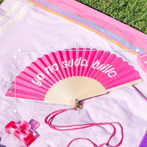 Fisura – Original pink folding fan with message “brillo”. Wooden handheld fan for women with hanger. Lightweight accessory for weddings, parties, birthdays, festivals and unique gift ideas. - color: Brillo, Pink