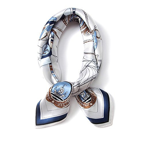 ANDANTINO 100% Mulberry Silk Scarf -21” Square Neckerchief with Gift Packed - color: Blue& White
