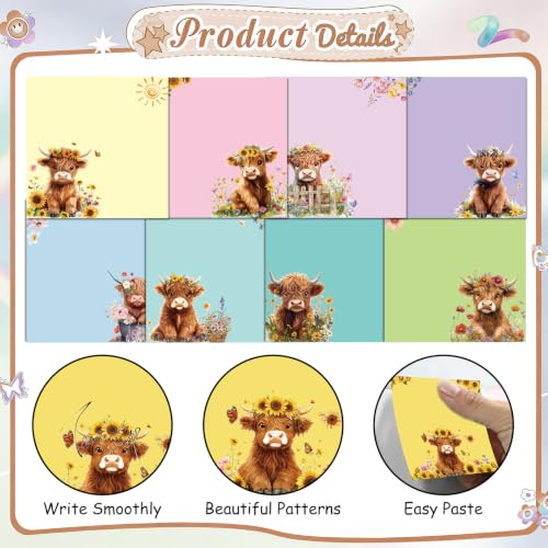 Highland Cow Gift Sticky Notes - 9 PCS Cute Animal Notepads Aesthetic Sunflower Self-Stick Note Coloful to Do List Memo Pads School Office Stationery Supplies for Women Cow Lover Students - style: Highland Cow Colorful