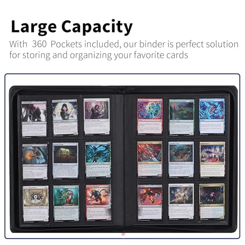 Snekdy premium 360-pocket trading card binder, 9-pocket cards album, waterproof PU-leather Cover with side loading, holds gaming, baseball, basketball & sports cards (Black)