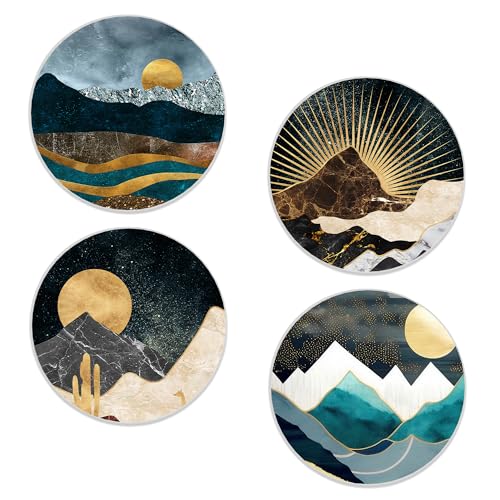 Drinks Coasters Set of 4, Golden Mountain Moon Round 4" Cup Coasters, Absorbent Ceramic Stone Coasters with Cork Base, Cute Coasters for Table Home Décor, Ideal Gifts for Women Men - color: Golden Mountain Moon