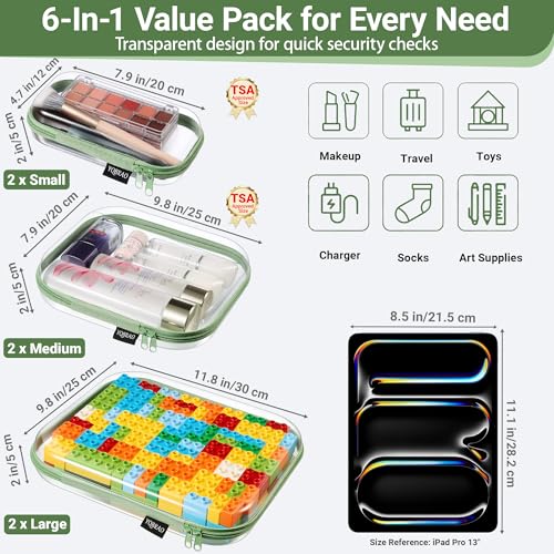YQBRAO Clear Hard Shell Zipper Cases, 6 Multi-Size Organizers, Green - color: Green, size: 6 Pack (2L+2M+2S)