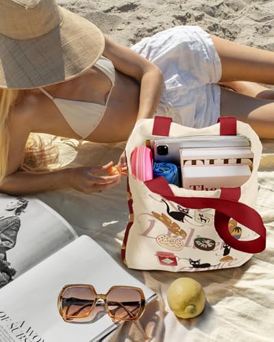 Miss Adola Aesthetic Heavy Canvas Tote Bag - with Pocket for Women Large Size 14''×16''×3.5'' Cloth Cotton Bags for Shopping - color: Cat Cake
