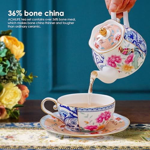 ACMLIFE Tea for One Teapot and Cup, Vintage Floral Porcelain Tea Set for One, Bone China Teapot with Cup Set, Tea Pot Christmas Gift for Women (Blue-C) - color: Blue-C
