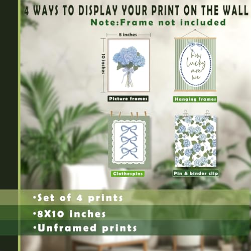 LUKIPOM Green Hydrangea Wall Art Poster,Grandmillennial Blue and Green Cottagecore Floral Canvas Wall Decor Gifts for Women Girls Room Bedroom Dorm Apartment，12x16in Set of 4 Unframed - color: Color 024
